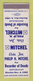 Matchbook Cover - Philip Mitchel Recorder of Deeds Election 1952