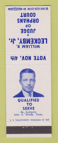 Matchbook Cover - William Leckemby Judge Orphans Court Election