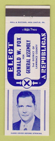 Matchbook Cover - Donald W Fox General Assembly Election Lawrence County PA
