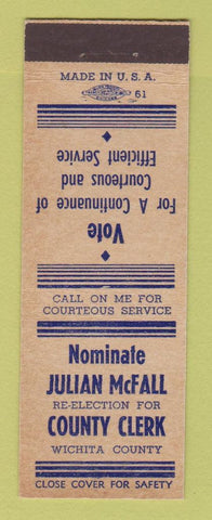Matchbook Cover - Julian McFall County Clerk Election Wichita County