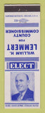 Matchbook Cover - William Lemmert County Commissioner Election