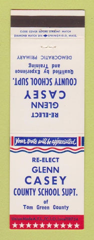 Matchbook Cover - Glenn Casey County School Supt Tom Green County TX