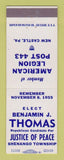 Matchbook Cover - Benjamin Thomas Justice Peace Election Shenango Township PA