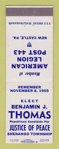 Matchbook Cover - Benjamin Thomas Justice Peace Election Shenango Township PA