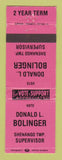 Matchbook Cover - Donald Bolinger Supervisor Election Shenango Township PA WEAR