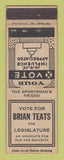 Matchbook Cover - Briant Teats for Legislature Election WEAR