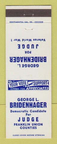 Matchbook Cover - George Bridenhagen Judge Election Franklin Union County