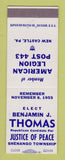 Matchbook Cover - Benjamin Thomas Justice Peace Election Shenango Township PA