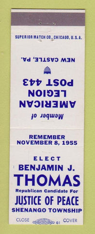 Matchbook Cover - Benjamin Thomas Justice Peace Election Shenango Township PA