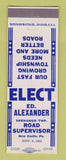 Matchbook Cover - Ed Alexander Road Supervisor New Castle PA 1955