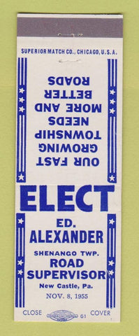 Matchbook Cover - Ed Alexander Road Supervisor New Castle PA 1955