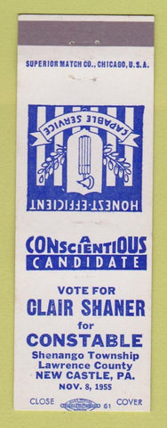 Matchbook Cover - Clair Shaner Constable Shenango Township PA 1955