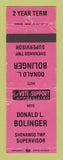 Matchbook Cover - Donald Bolinger Supervisor Election Shenango Township PA WORN