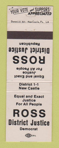 Matchbook Cover - Ross for District Justice Election New Castle PA
