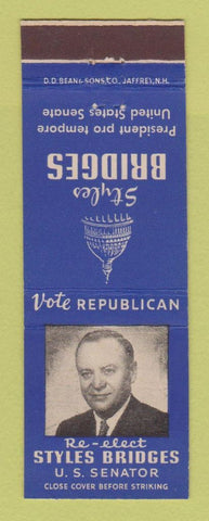 Matchbook Cover - Styles Bridges US Senator Election NH New Hampshire