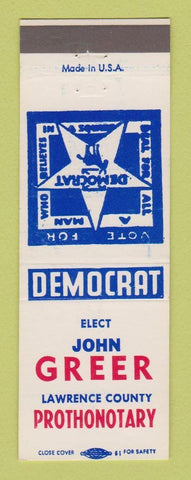 Matchbook Cover - John Greer for Lawrence County Prothonotary PA?