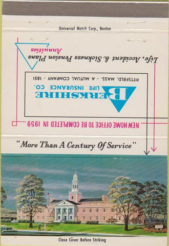 Matchbook Cover - Berkshire Insurance Pittsfield MA 40 Strike