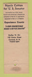 Matchbook Cover - Norris Cotton for U Senator Election NH