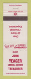 Matchbook Cover - John Yeager Carroll County Treasurer Election