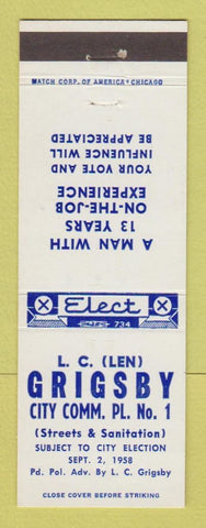 Matchbook Cover - LC Len Grigsby Citty Comm Election 1958