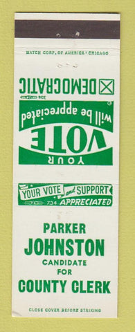 Matchbook Cover - Parker Johnston County Clerk Election