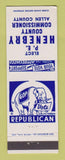 Matchbook Cover - PE Henebry County Commissioner Allen County Election