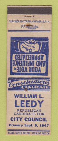 Matchbook Cover - William Leedy City Council Election 1947 WEAR
