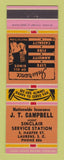 Matchbook Cover - JT Campbell Sinclair oil gas Insurance Laurens SC