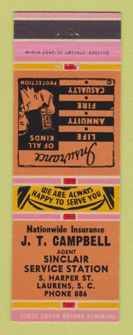 Matchbook Cover - JT Campbell Sinclair oil gas Insurance Laurens SC
