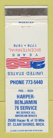 Matchbook Cover - Harper Benjamin 76 oil gas St Clair Shores MI 1976 WEAR