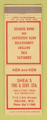 Matchbook Cover - Shea's Tire DX oil gas Firestone Racine WI