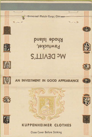 Matchbook Cover - McDevitts Men's Wear Pawtucket RI 40 Strike