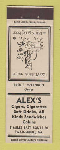 Matchbook Cover - Alex's Cabins Restaurant Swainsboro GA