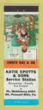 Matchbook Cover - Katie Spotts Service oil gas Mount Pleasant Mills PA Amoco