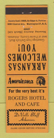 Matchbook Cover - Rogers Hotel Cafe De Valls Bluff AR Perkins Americana WEAR