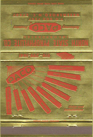 Matchbook Cover - North State Pyrophyllite PACO Greensboro NC 40 Strike