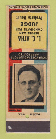 Matchbook Cover - LC Atha Judge Probate Court Election SAMPLE