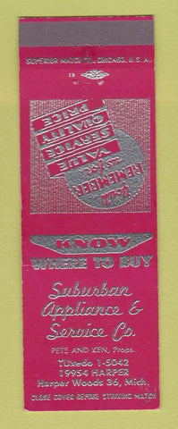 Matchbook Cover - Suburban Appliance Service Harper Woods MI