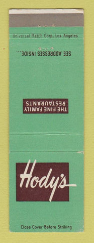 Matchbook Cover - Hody's Restaurants Los Angeles Hollywooed Long Beach CA