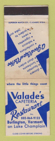 Matchbook Cover - Valade's Cafeteria Restaurant Burlington VT WEAR