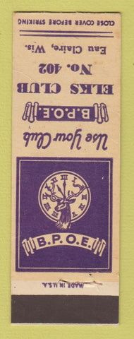 Matchbook Cover - Elks Lodge Eau Clair WI SAMPLE WORN HOLES