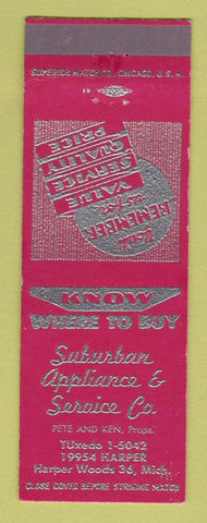 Matchbook Cover - Suburban Appliance Service Harper Woods MI