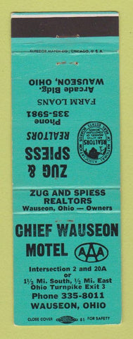 Matchbook Cover - Zug & Spiess Real Estate Wauseon OH Chief Wauseon Motel