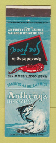 Matchbook Cover - Antohny's Fish Grottos San Diego La Mesa La Jolla CA