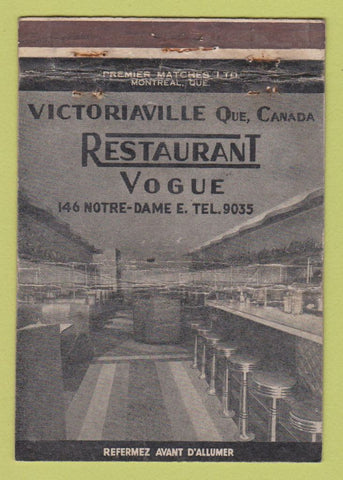 Matchbook Cover - Restaurant Vogue Victoriaville QC WORN 40 Strike