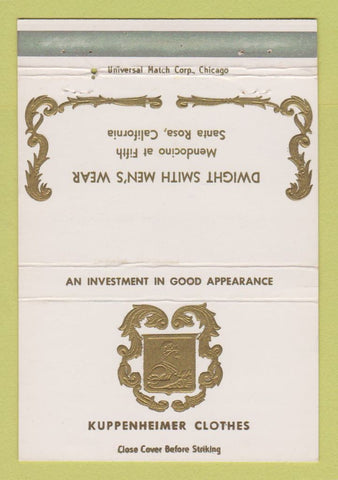 Matchbook Cover Kuppenheimer Men's Clothes Dwight Smith Santa Rosa CA 40 Strike