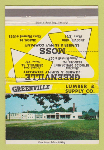 Matchbook Cover - Greenville Lumber Supply PA Sharon PA Andover OH 40 Strike