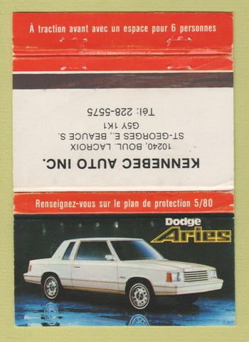 Matchbook Cover - Dodge Aries Kennebec Auto Beauce QC WEAR 40 Strike