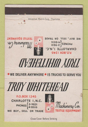 Matchbook Cover - Troy Whitehead Charlotte NC Machinery 40 Strike