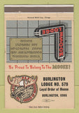 Matchbook Cover - Moose Lodge Burlington IA WEAR 40 Strike